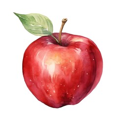 Vibrant Red Apple Watercolor with Autumn Leaf