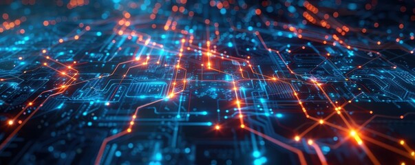 Abstract futuristic digital technology background with glowing circuit lines. Ideal for themes of innovation, technology, and communication.