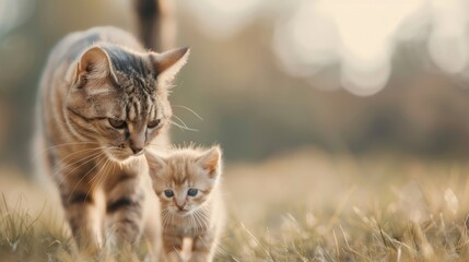 A heartwarming image of a mother cat walking with her adorable kitten in a blurred natural background, showcasing their bond and tenderness.