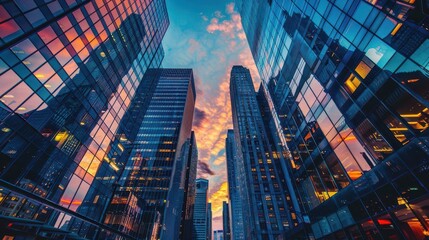 Fototapeta premium Financial district with iconic buildings and bustling activity, business background, economic hub