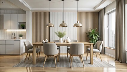 Elegant minimalist dining area setup with clean lines and neutral colors, modern, simple, stylish