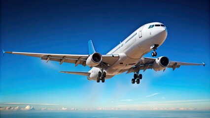 Obraz premium Commercial airplane taking off against a clear blue sky, airplane, taking off, clear sky, commercial flight, transportation