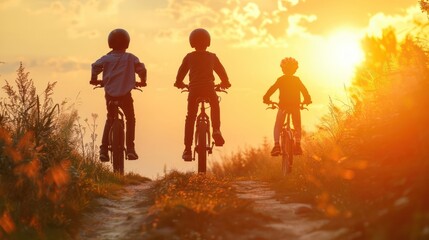 Three children riding bikes in a field with a sunset in the background