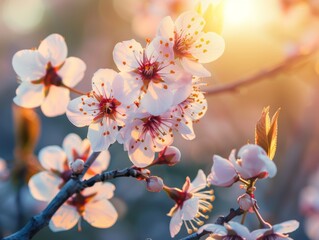 close up of beautiful sakura flower with morning sunlight - ai