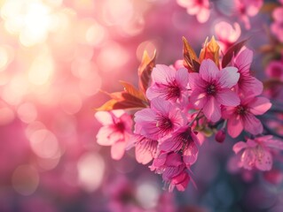 close up of beautiful sakura flower with morning sunlight - ai