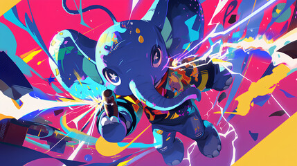 Naklejka premium elephant shooting electricity, cool pose, cute kawaii