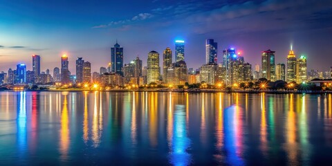 Fototapeta premium Vibrant Mumbai cityscape at night with illuminated skyline and glowing lights reflecting on the water, Mumbai