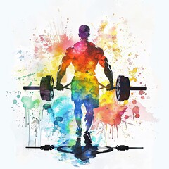 muscular figure lifting a barbell is illustrated in a dynamic watercolor style, with energetic splashes of color on a white background, conveying movement and strength.