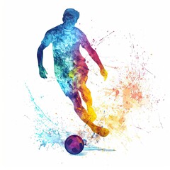 vibrant watercolor illustration of a soccer player dribbling the ball, with splashes of bright colors creating a dynamic and energetic scene on a white background.