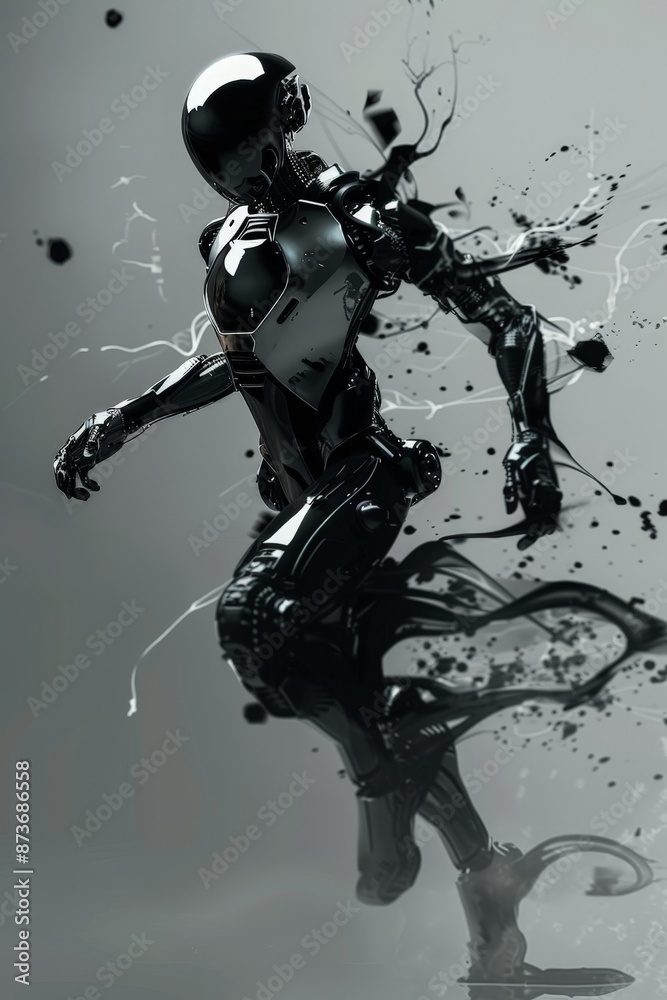 Fototapete dark grey ash swirls around the android's feet, symbolic of the digital aftermath left in their wake
