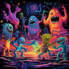 Neon Dance Party of Psychedelic Monsters - Vibrant, Detailed Art with Dynamic Movements under Neon Sky