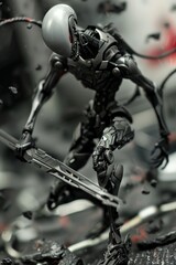 Dark grey ash swirls around the android's feet, symbolic of the digital aftermath left in their wake as they navigate the virtual realm with precision and intent, their RAM stick weapon poised 