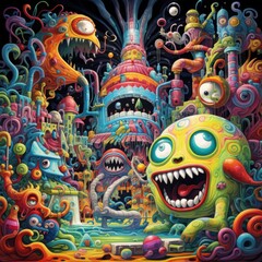 Spirited Monsters Enjoying a Vivid Psychedelic Playground Bursting with Color and Detail