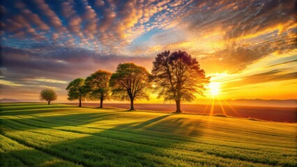 Fototapeta premium Vivid field with sunlit tree silhouettes , Nature, landscape, sunset, sun rays, colorful, vibrant, tranquil, outdoor