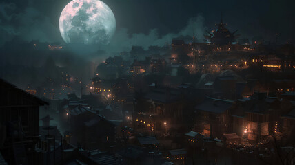 Enchanting full moon over the ancient city at night, illuminated by its light, with glowing windows, dark blue sky, stars, and silhouettes of mountains on the horizon. 