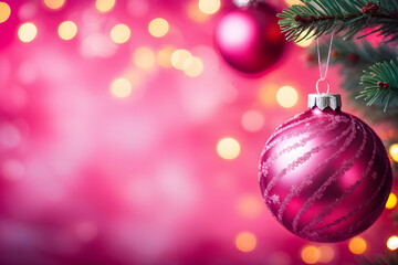 Fototapeta premium Close-up of sparkling pink Christmas bauble against a soft-focus light-filled background with copy space