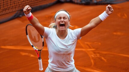 female tennis player in white attire reacts with exhilaration after winning a point on the clay court. The image highlights her competitive spirit and the thrill of the game.