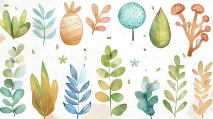 A whimsical watercolor illustration featuring various colorful leaves and plants in a playful and artistic arrangement.
