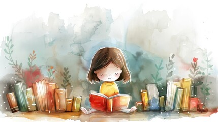 A whimsical watercolor illustration of a child reading a book among a variety of colorful books and plants, exuding a sense of curiosity and adventure.
