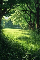 Fototapeta premium Each blade of grass, each leaf on the trees, is meticulously rendered to convey a sense of realism and depth that draws viewers into the world captured within the frame 