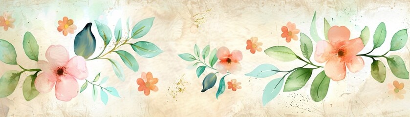 Fototapeta premium Beautiful watercolor floral border with pink and orange flowers, green leaves on a vintage beige background. Perfect for decorations and designs.