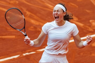 female tennis player in white attire reacts with exhilaration after winning a point on the clay court. The image highlights her competitive spirit and the thrill of the game.