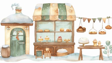 Fototapeta premium Charming winter bakery illustration with pastries, snow-covered shop, cozy atmosphere, and festive decor. Perfect for holiday designs.