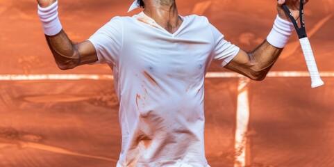 Tennis player in white expresses pure joy and relief after a hard-fought match on tennis court. The close-up shot captures his heartfelt emotions and the intensity of the competition.