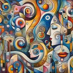 Abstract artwork with vibrant colors,
 Various geometric shapes and swirls,
Faces and profiles integrated into the design
,Rich blend of warm and cool tones,
generative AI