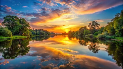 Obraz premium Sunset over the calm river with reflections of the sky and trees , sunset, river, reflections, sky, trees, water, peaceful
