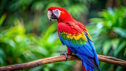 Obraz premium Vibrant blue and red macaw parrot perched on a branch , colorful, feathers, tropical, exotic, bird, wildlife, nature, vibrant