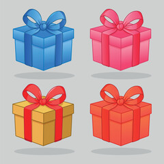 Set of decorative gift boxes with knot tied ribbons. Colorful gold, orange, blue, and pink festive gift box