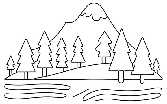 recommend clip art: Mountain with pine trees and lake landscape. Hand drawn illustration.
