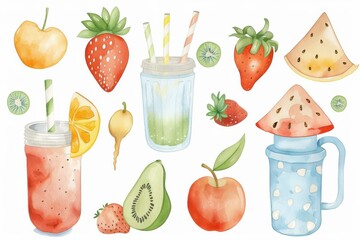 Watercolor illustration of fresh fruit drinks, including strawberries, watermelons, kiwis, avocados, and apples with colorful  straw.