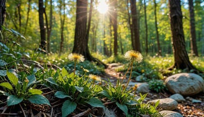 Sunlit Dandelion in the Forest.