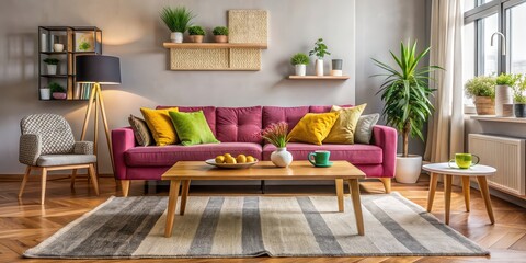 Cozy living room interior with plush sofa, coffee table, and vibrant decor, cozy, living room, interior, plush, sofa