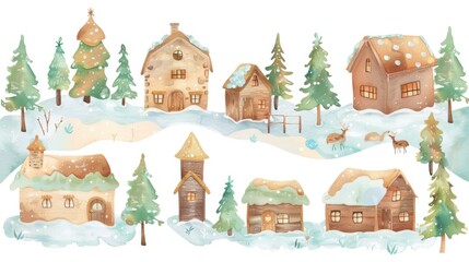 Obraz premium Watercolor winter village scene with cozy houses, snow-covered trees, and deer, illustrating a festive and serene holiday atmosphere.