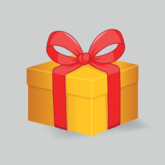 Golden Gift Box with Red Bow, ribbon on top, isolated on white background