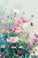 Flowers sway gently in the breeze, their vibrant colors contrasting beautifully against the soft pastels of the sky, evoking a sense of harmony 