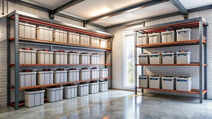 Obraz premium Battery packs stored in garage walls for sustainable energy storage, Battery packs, garage, walls