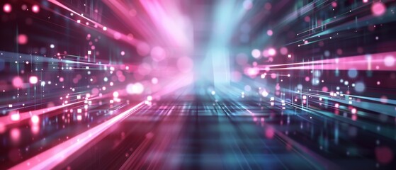 Obraz premium Abstract futuristic light trails in blue and pink hues, representing high-speed data flow and modern technology over dark background.