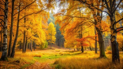 Autumn in the forest with yellow trees and grass, autumn, forest, yellow, trees, leaves, foliage, fall, season, nature