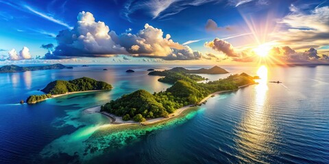 Panoramic view of sun-drenched islands , sunshine, panorama, islands, scenic, landscape, tropical, ocean, water