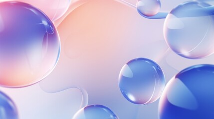 Multiple blue and purple spheres float against a blurred pink and purple background