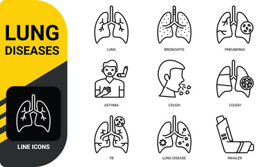 lung disease icons, such as copd, cough and so on. Icons set related to respiration.
