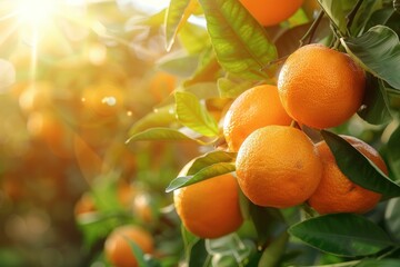 A bunch of oranges hanging from a tree