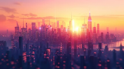 Fototapeta premium A city skyline with a bright orange sun in the background