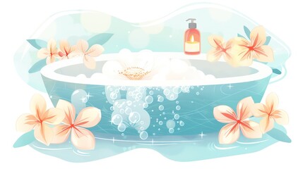 Naklejka premium A tranquil spa setting with a bubble-filled bathtub, surrounded by soft flowers and a soap dispenser, evoking a sense of relaxation and luxury.