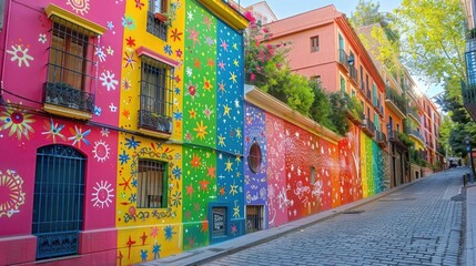 Fototapeta premium A colorful mural of flowers and stars adorns the side of a building