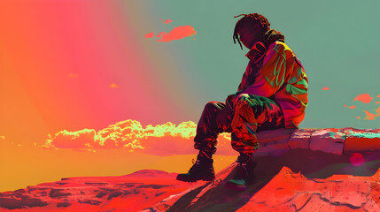 Digital Illustration of a Person Sitting on a Cliff